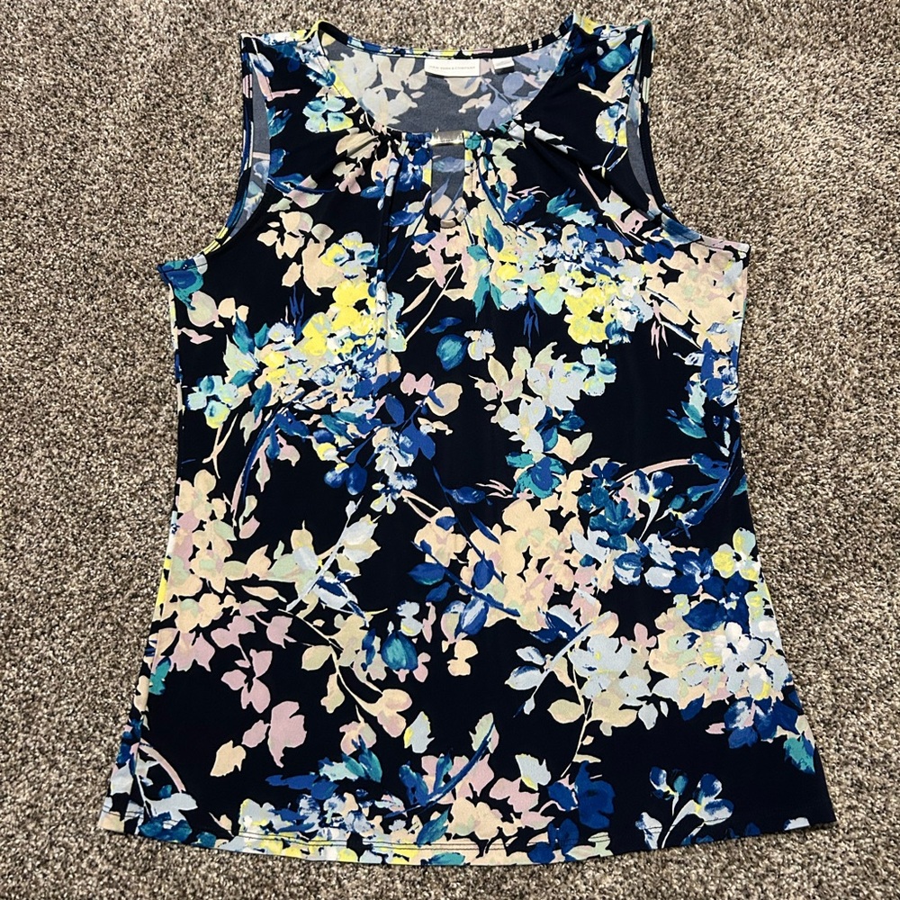New York & Company Black, Blue and Yellow Floral Sleeveless Blouse